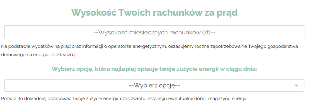 Formularz do wprowadzania wysokości miesięcznych rachunków za prąd oraz wyboru opcji opisującej zużycie energii w ciągu dnia w kalkulatorze fotowoltaicznym.