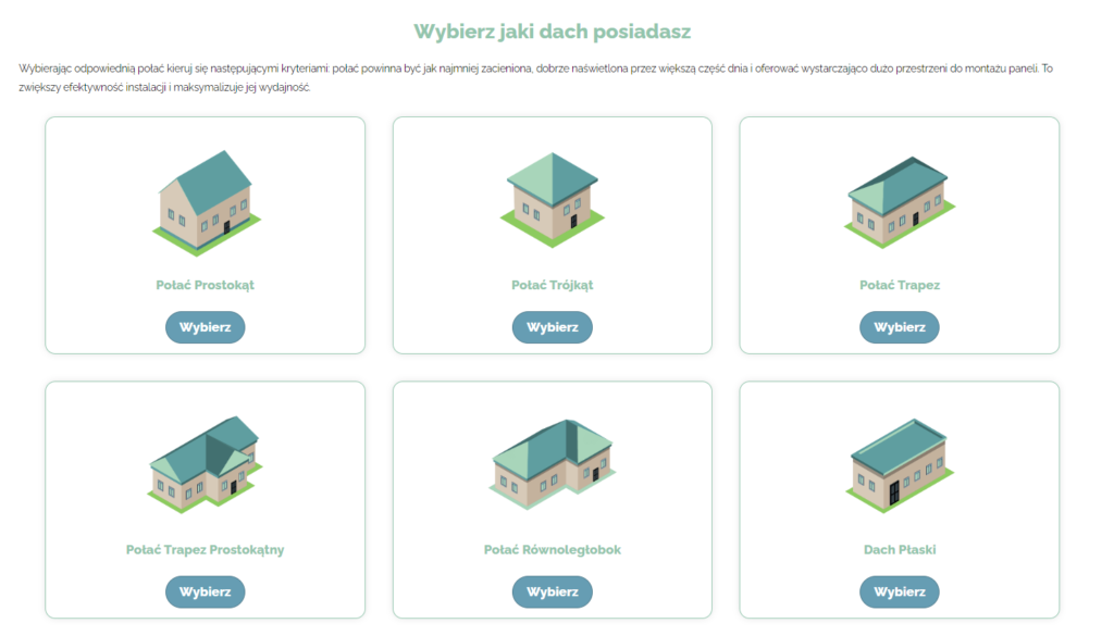 Formularz kalkulatora fotowoltaicznego z różnymi opcjami wyboru rodzaju dachu: prostokąt, trójkąt, trapez, trapez prostokątny, równoległobok, dach płaski.