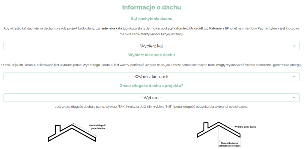 Formularz kalkulatora fotowoltaicznego do wprowadzania kąta nachylenia dachu, kierunku dachu oraz długości dachu z projektu.